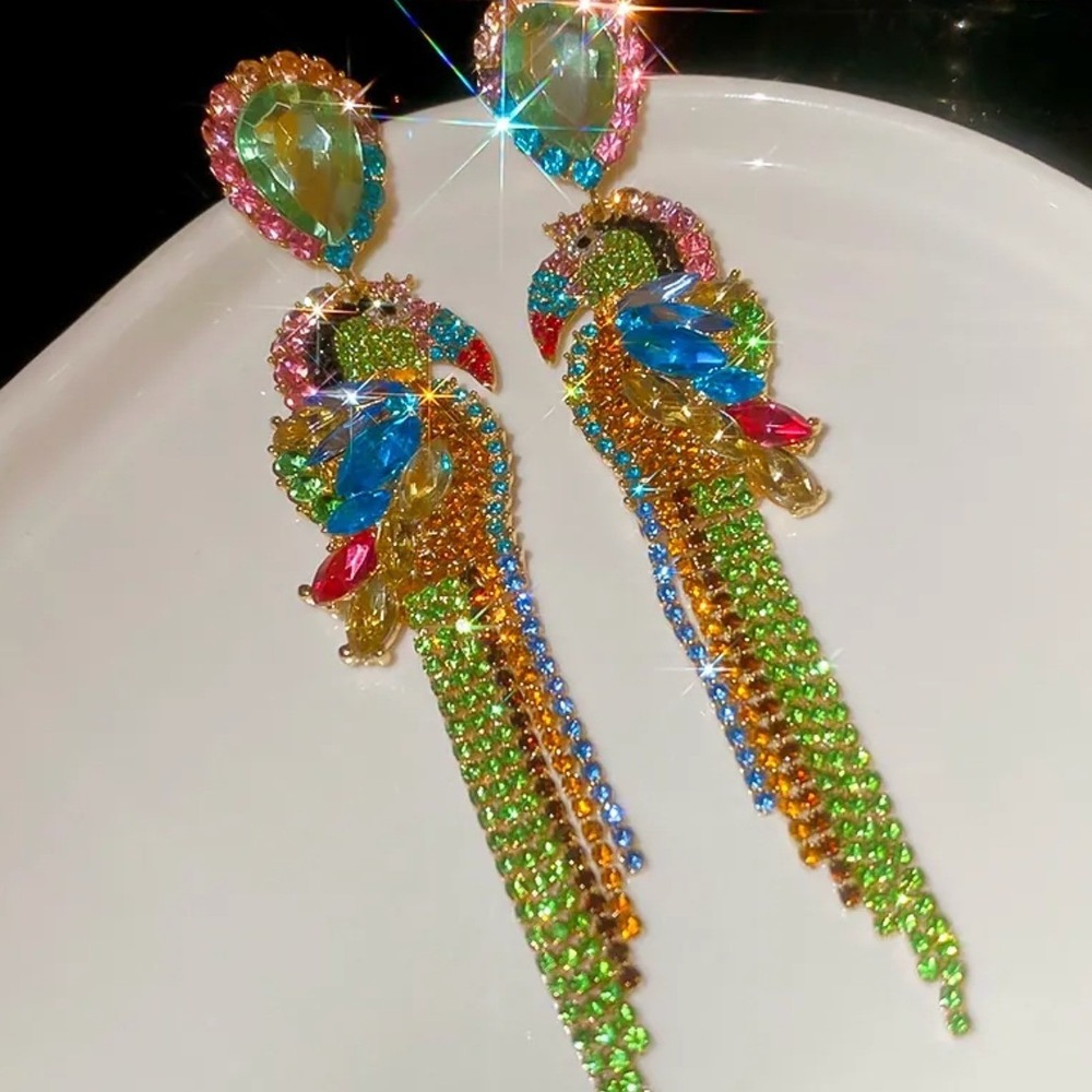 Multicolor Rhinestone Parrot Tassel Drop Earrings Tropical Bird Statement 5.15"